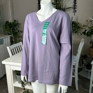 Ellen Tracy ribbed long sleeve V neck lilac purpleshirt slits in side XL NWT